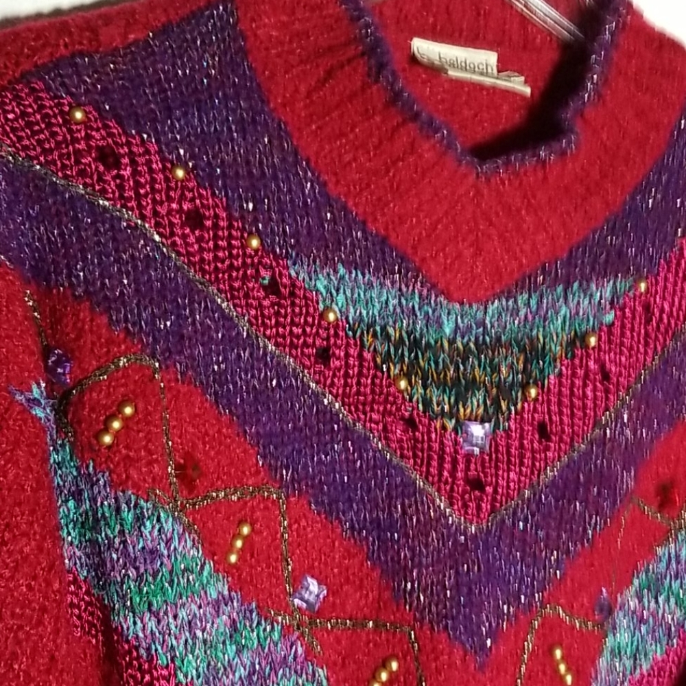 Vtg 80s/90s Retro Knit Red Sweater W. Green Purple Blue Design & Embellished M